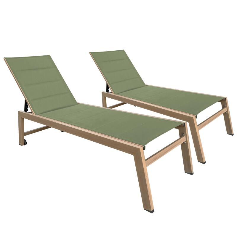 Lot de 2 bains de soleil en aluminium effet bois avec roues, inclinables 5 positions