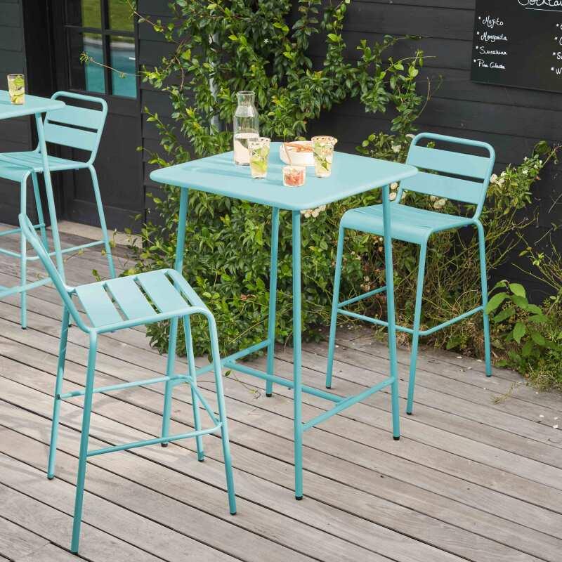 Table haute de jardin bistrot carrée en métal 70x70 cm et 2 chaises hautes - Ambiance
