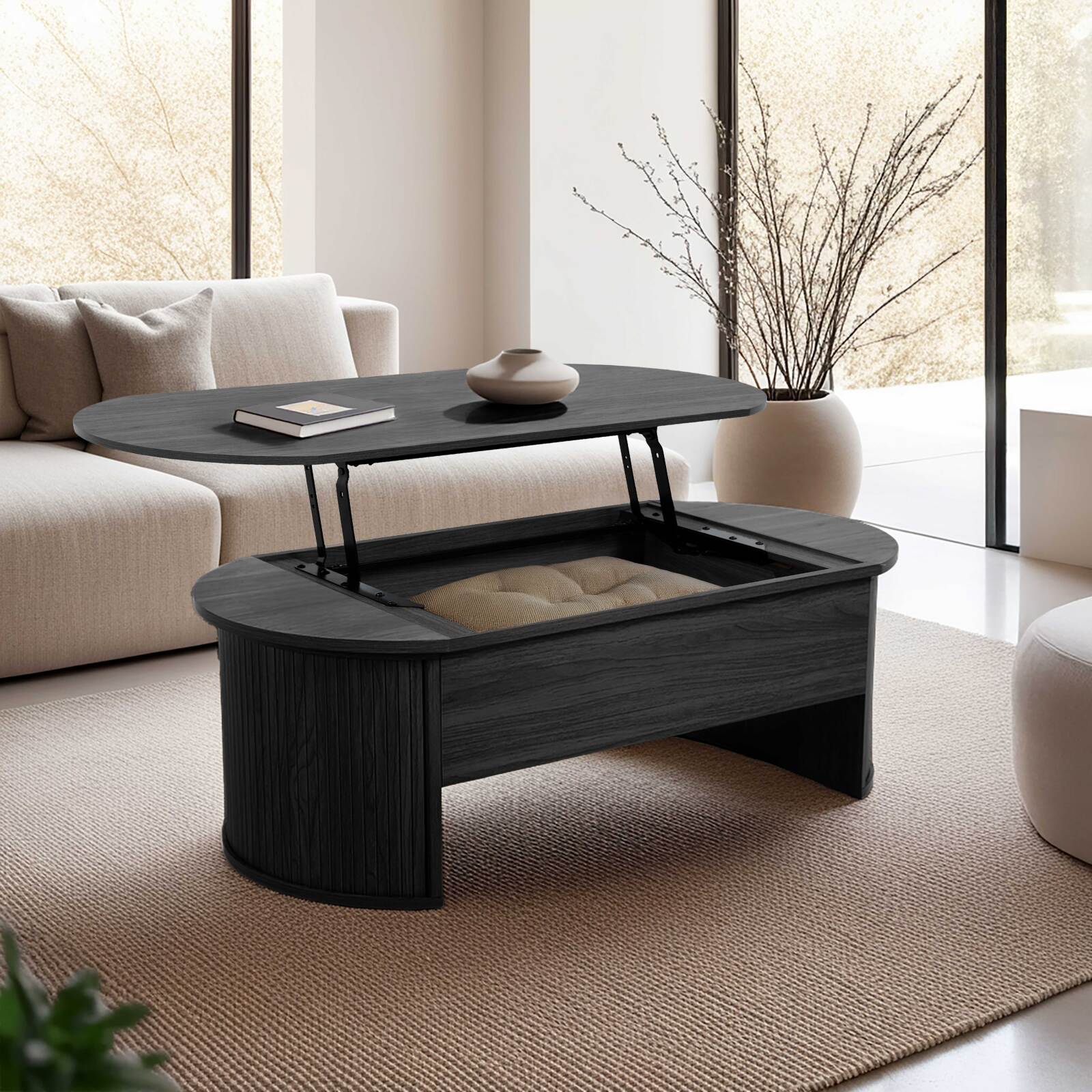 Table basse relevable ovale en mélaminé effet bois