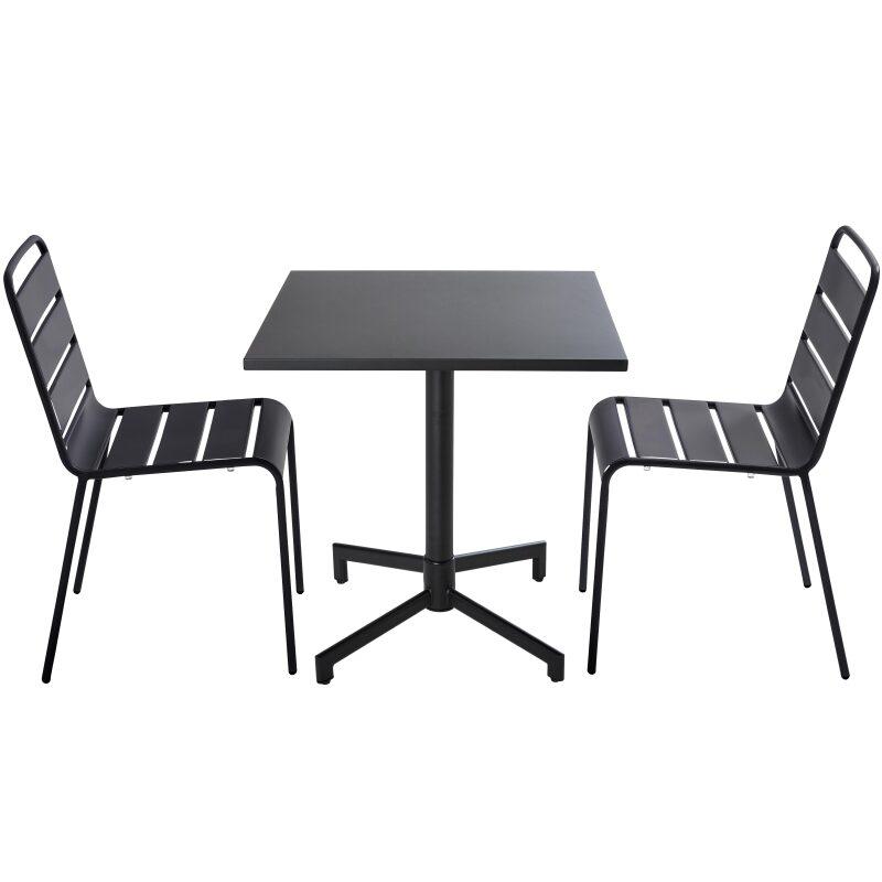 Table inclinable 70 x 70 cm , pieds encastrables et 2 chaises en métal 