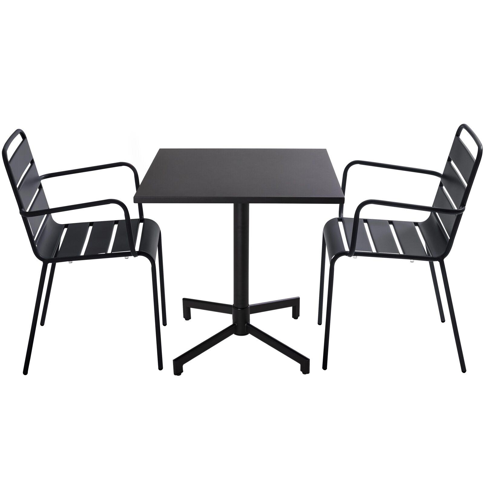 Table inclinable 70 x 70 cm , pieds encastrables et 2 chaises en métal avec accoudoirs