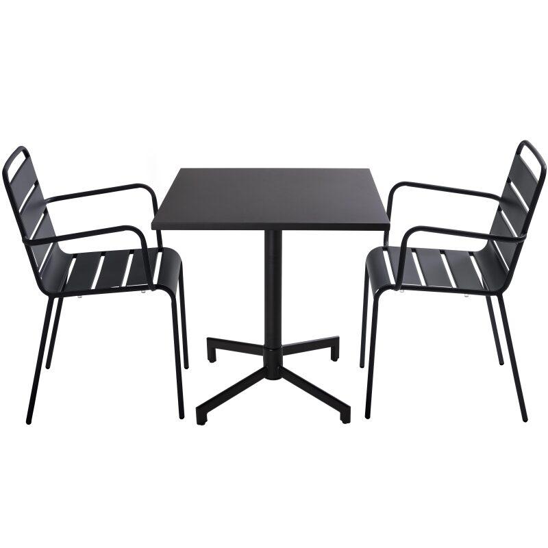Table inclinable 70 x 70 cm , pieds encastrables et 2 chaises en métal avec accoudoirs