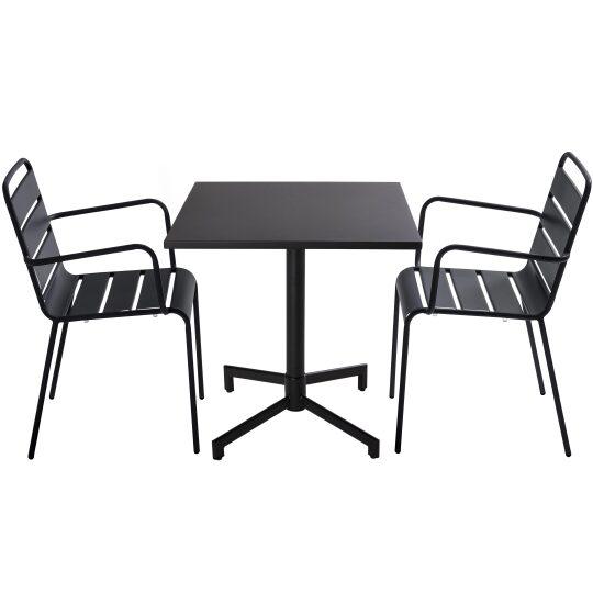Table inclinable 70 x 70 cm , pieds encastrables et 2 chaises en métal avec accoudoirs