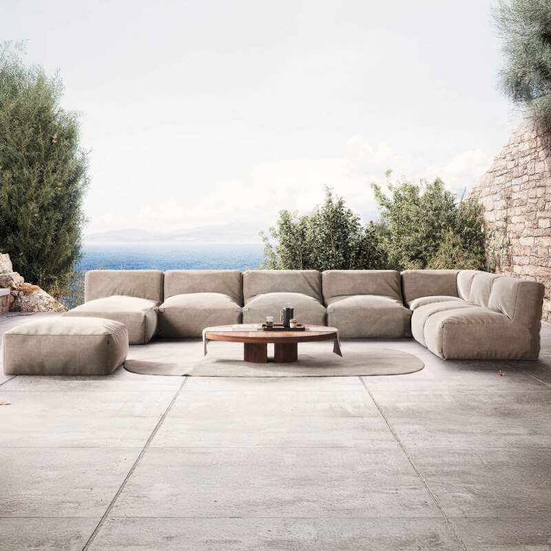 Salon de jardin modulable avec 5 chauffeuses, 1 fauteuil d'angle, 1 méridienne et 1 pouf 