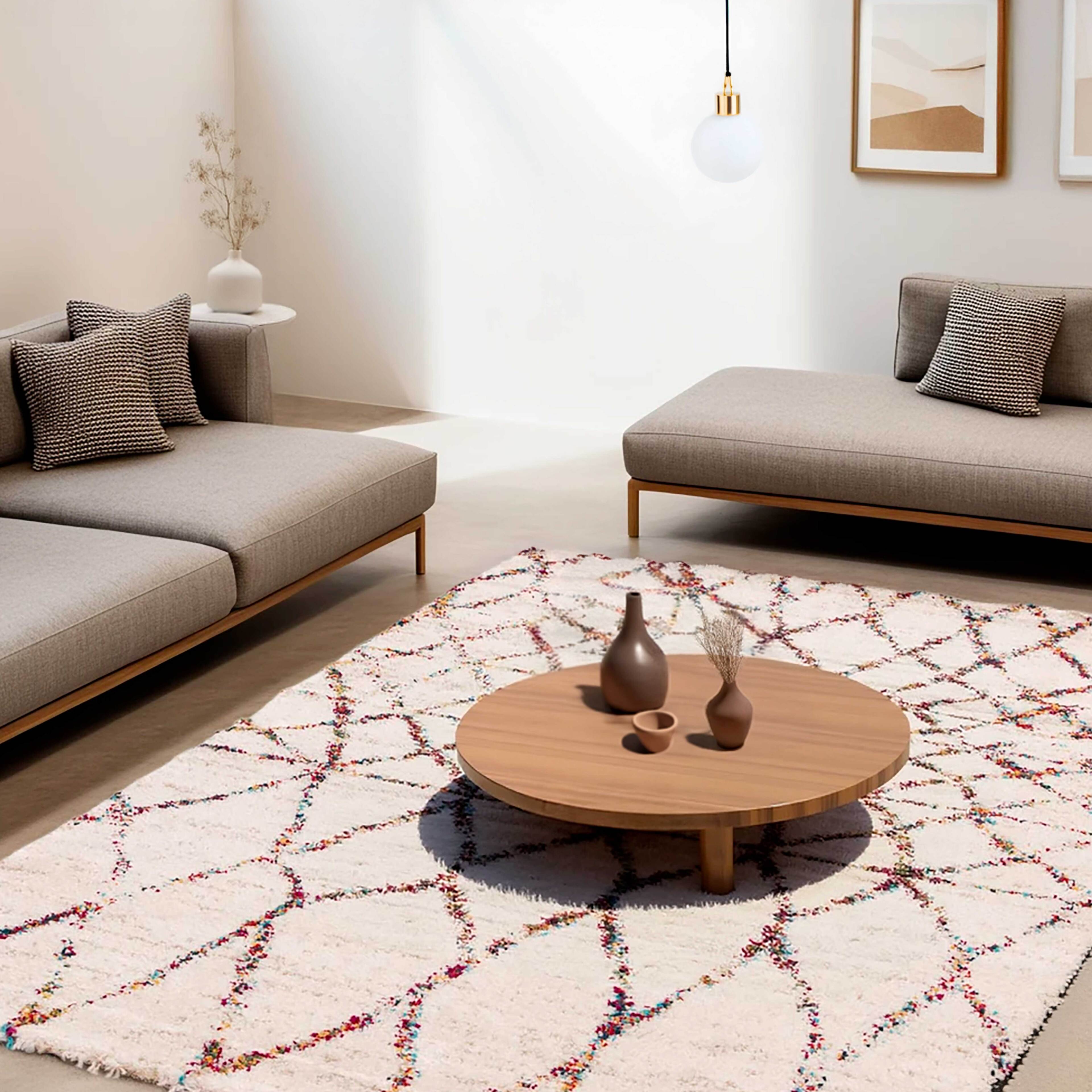Tapis Shaggy HomebyHome 160x230 Cm : Motif Losanges, Poils Longs 30mm, Crème