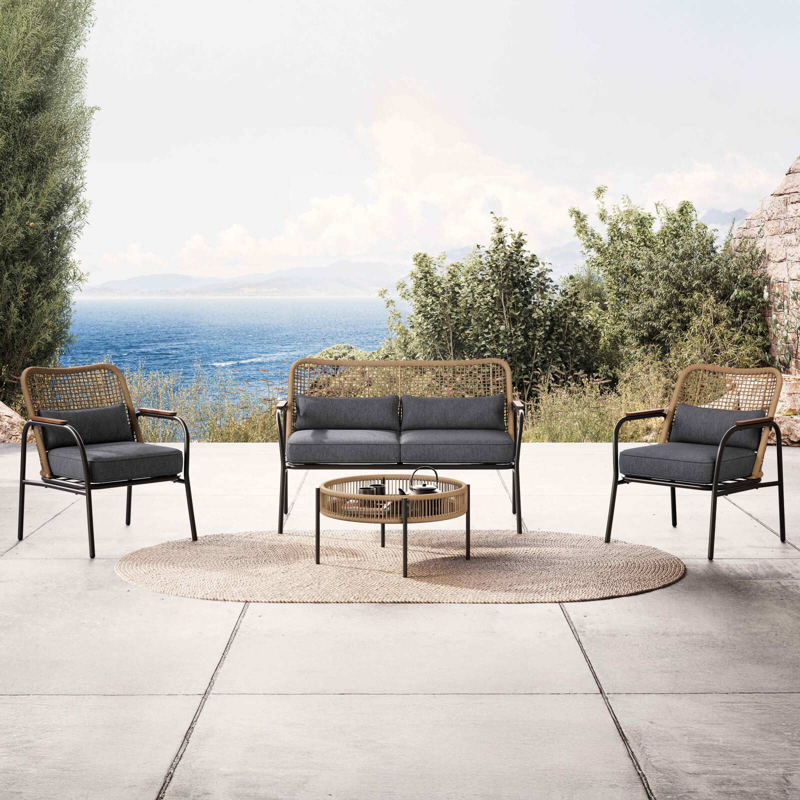 Salon de jardin 4 places en rotin synthétique, avec un canapé, 2 fauteuils et table basse