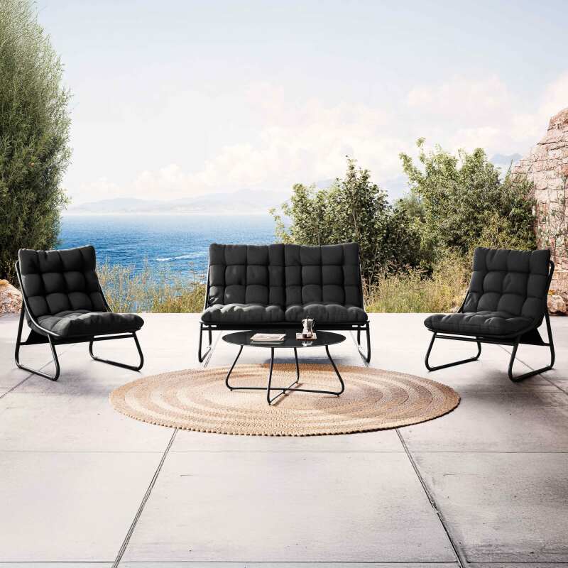 Salon de jardin en métal 4 places avec 1 canapé, 2 fauteuils et table basse
