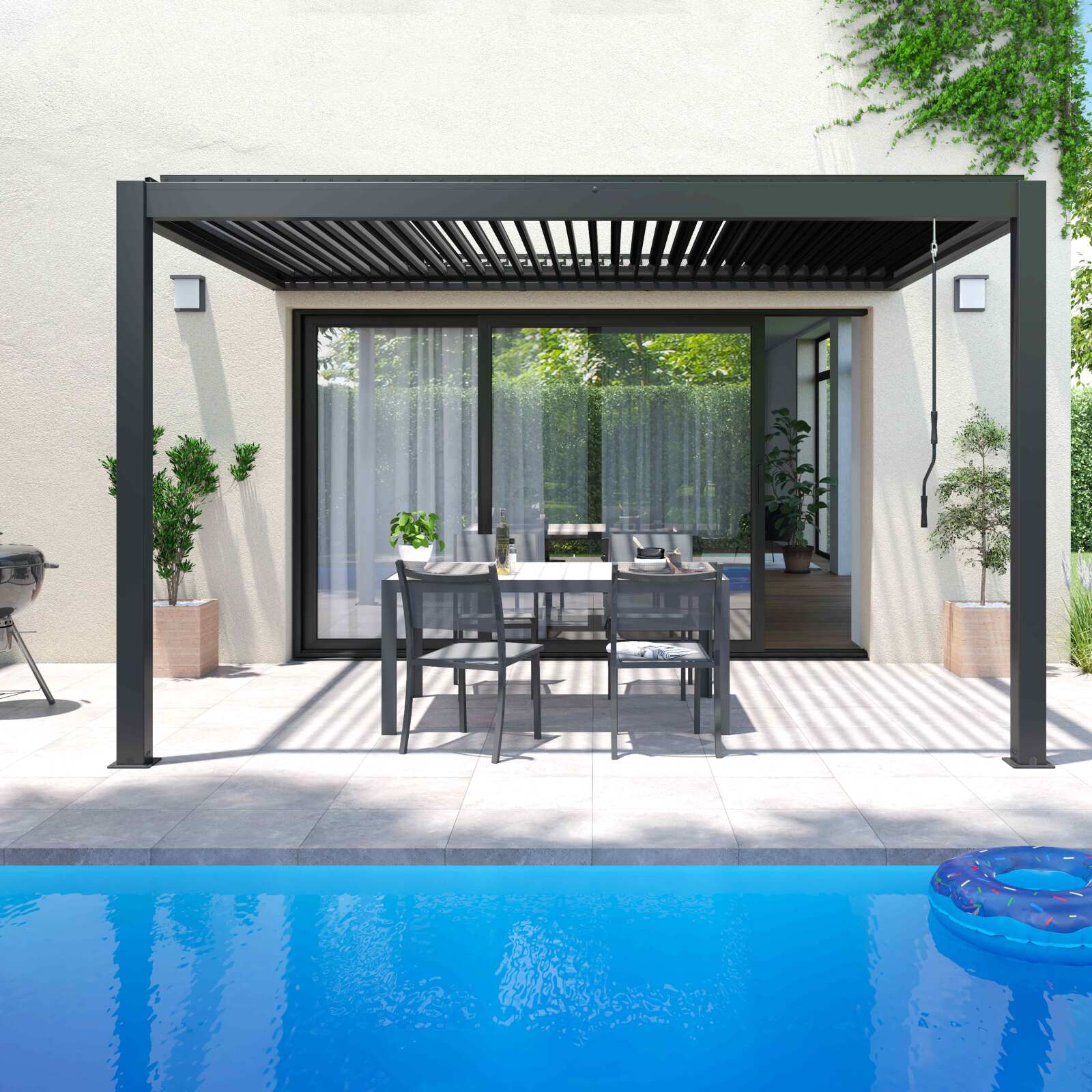 Pergola bioclimatique adossée 4x3m en aluminium gris anthracite
