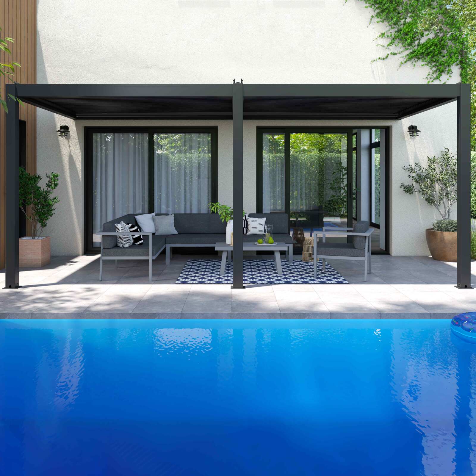 Pergola bioclimatique adossée 6x3m en aluminium gris anthracite Pergola bioclimatique adossée 6x3m en aluminium gris anthracite