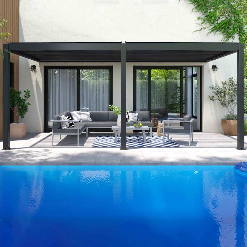 Pergola bioclimatique adossée 6x3m en aluminium gris anthracite