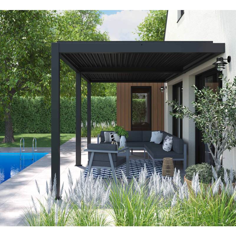 Pergola bioclimatique adossée 6x3m en aluminium gris anthracite