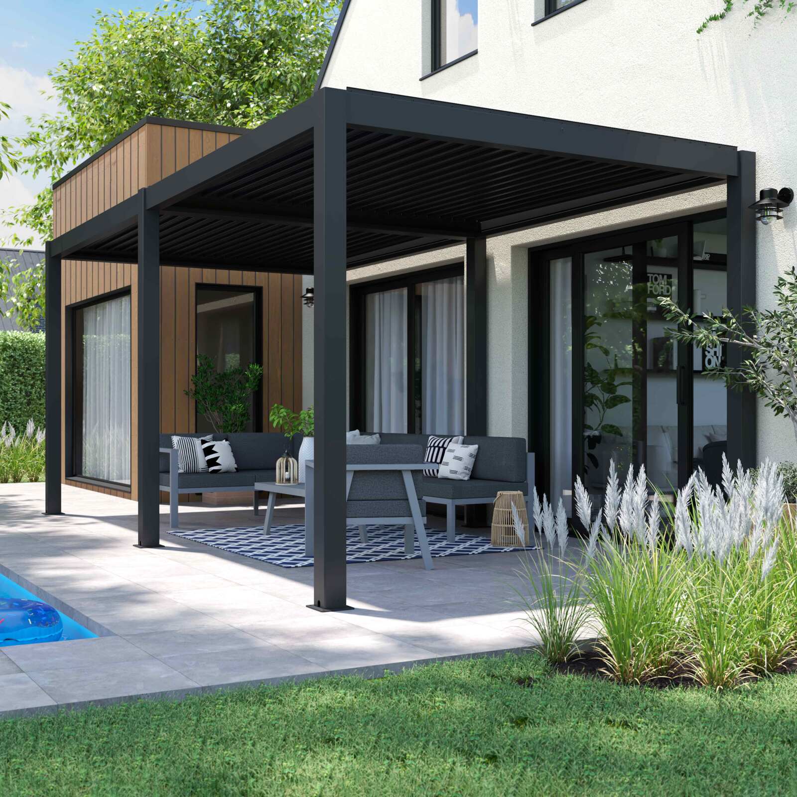Pergola bioclimatique autoportée 6x3m en aluminium gris anthracite