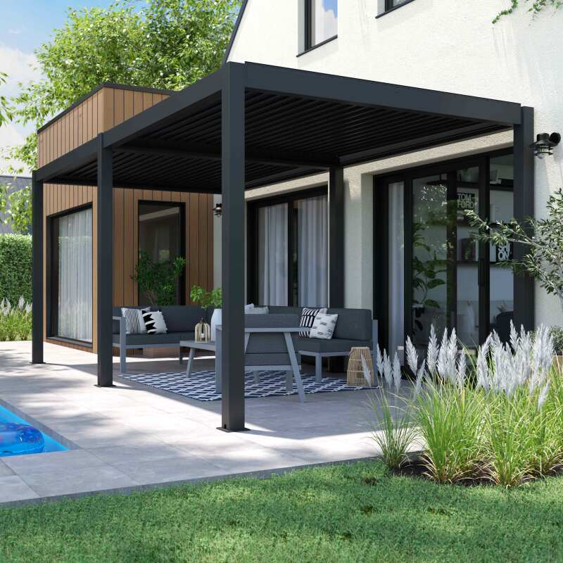 Pergola bioclimatique autoportée 6x3m en aluminium gris anthracite (2/5)