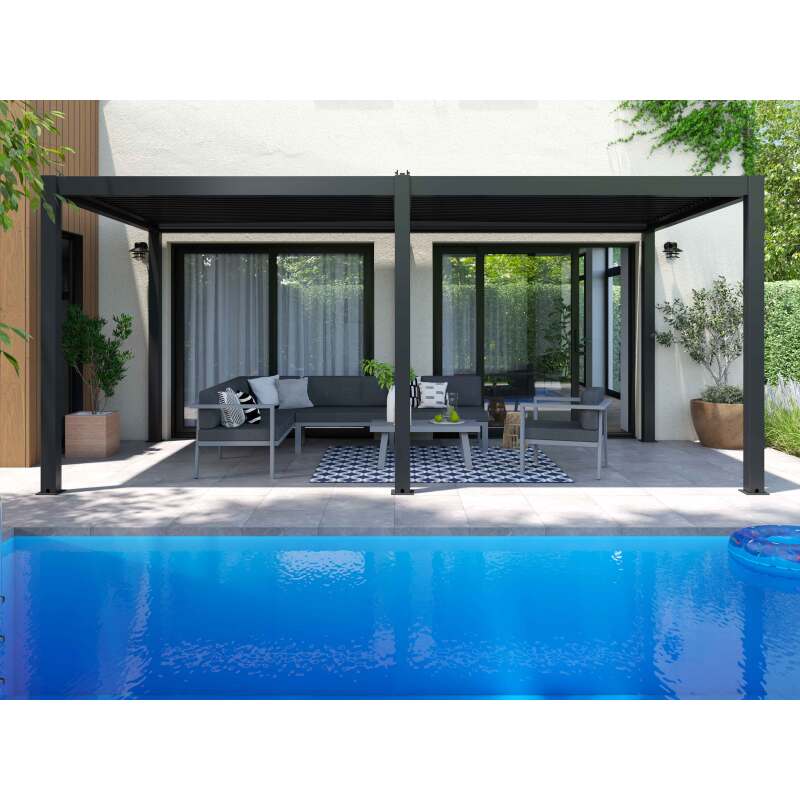 Pergola bioclimatique autoportée 6x3m en aluminium gris anthracite (4/5)