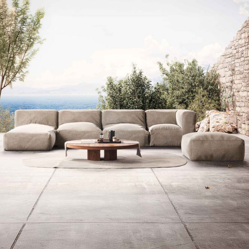 Salon de jardin modulable avec 2 chauffeuses, 1 fauteuil d'angle, 1 méridienne et 1 pouf 