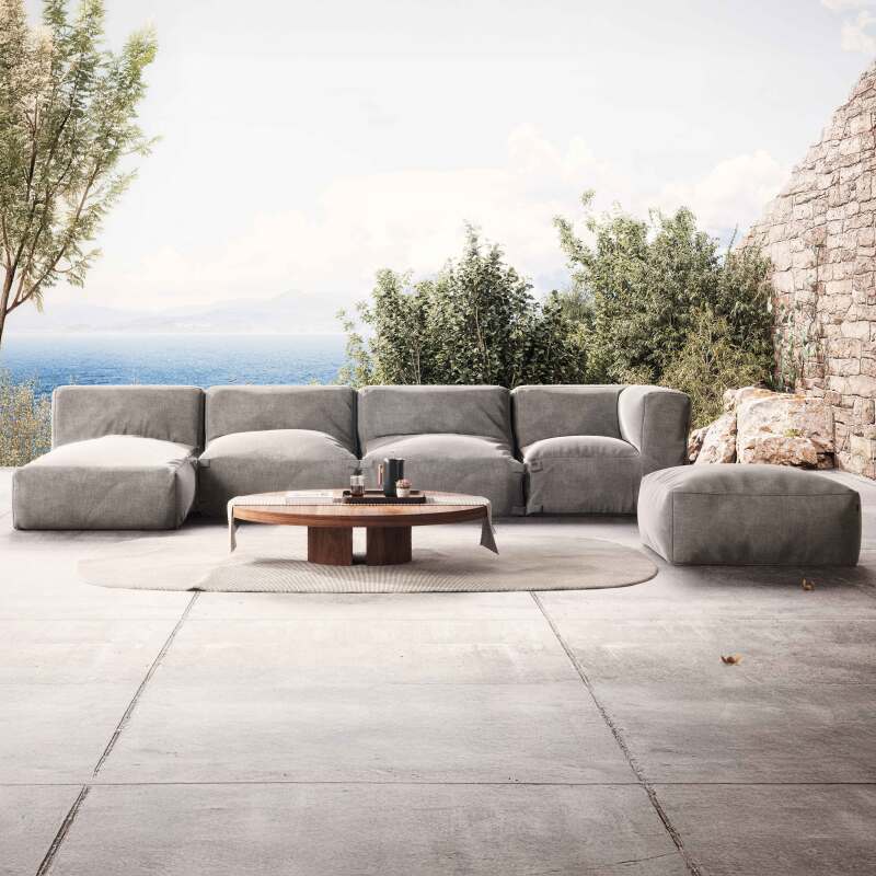 Salon de jardin modulable avec 2 chauffeuses, 1 fauteuil d'angle, 1 méridienne et 1 pouf 