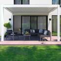 Pergola bioclimatique adossée 4x3m motorisée/éclairée en aluminium blanc avec 1, 2 ou 3 stores