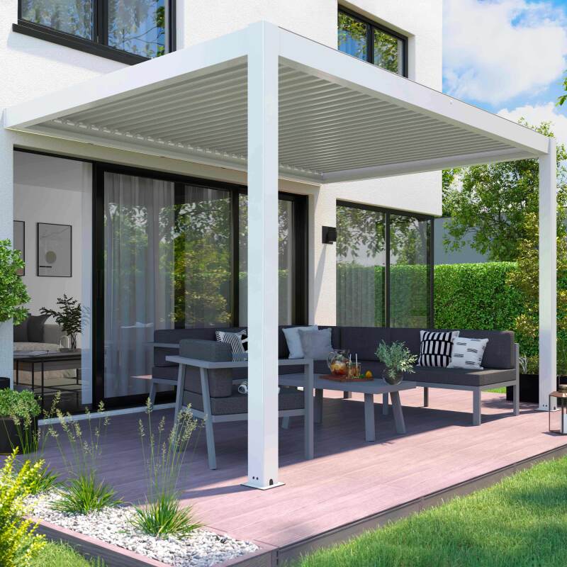 Pergola bioclimatique adossée 4x3m motorisée/éclairée en aluminium blanc avec 1, 2 ou 3 stores