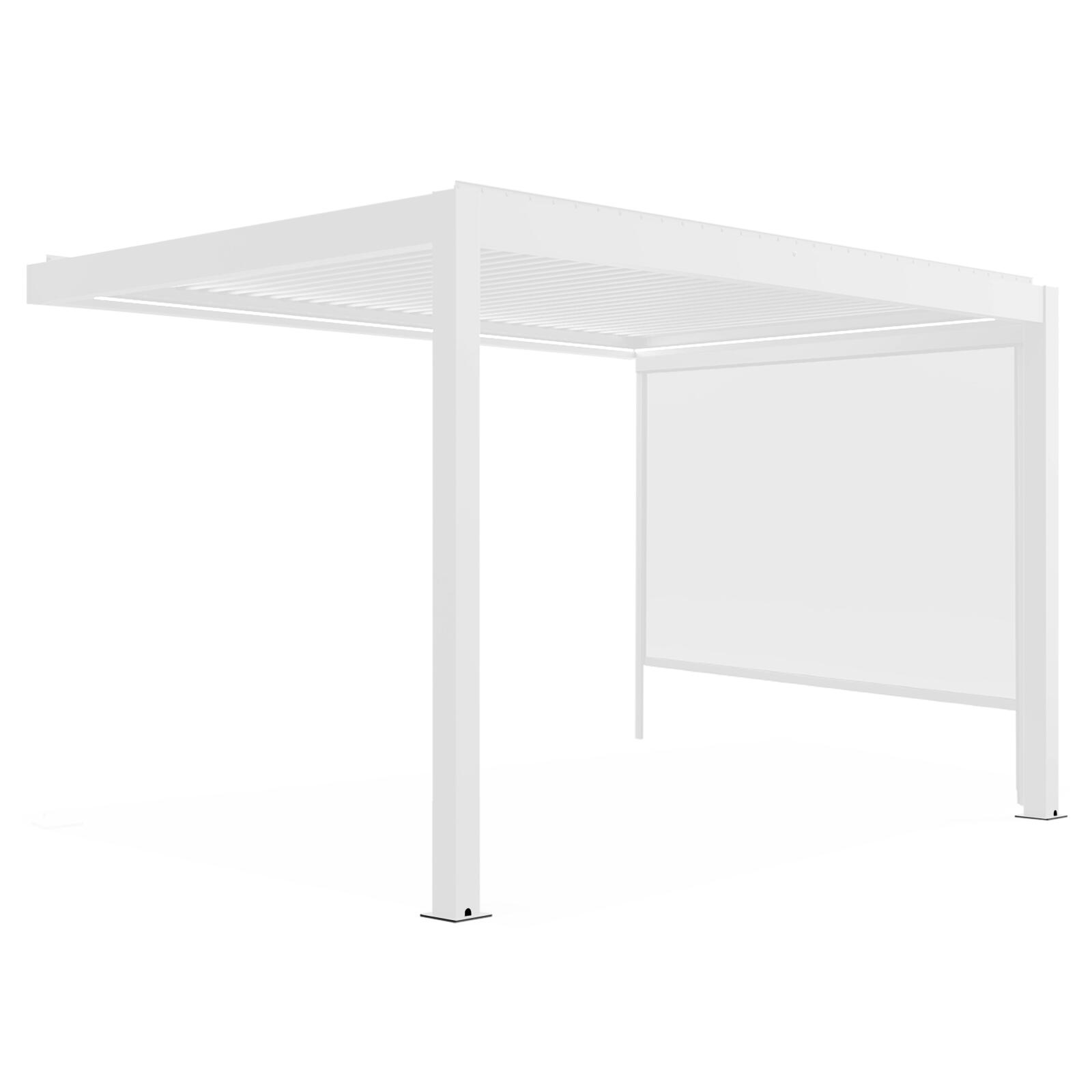 Pergola bioclimatique adossée 4x3m motorisée/éclairée en aluminium blanc avec 1, 2 ou 3 stores
