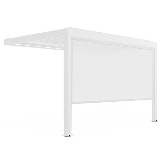 Pergola bioclimatique adossée 4x3m motorisée/éclairée en aluminium blanc avec 1, 2 ou 3 stores