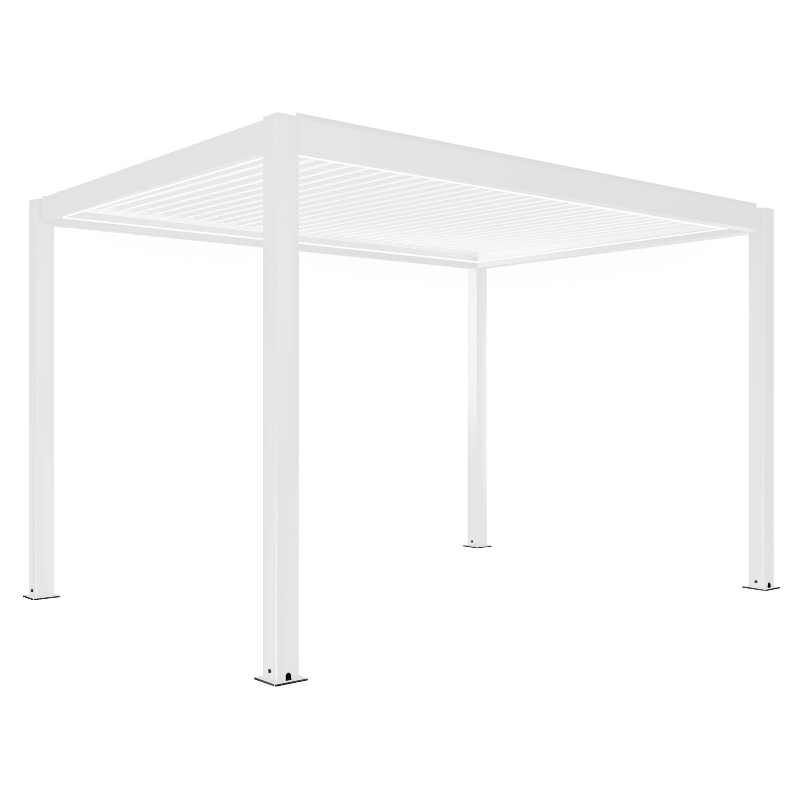 Pergola bioclimatique adossée 4x3m motorisée/éclairée en aluminium blanc avec 1, 2 ou 3 stores