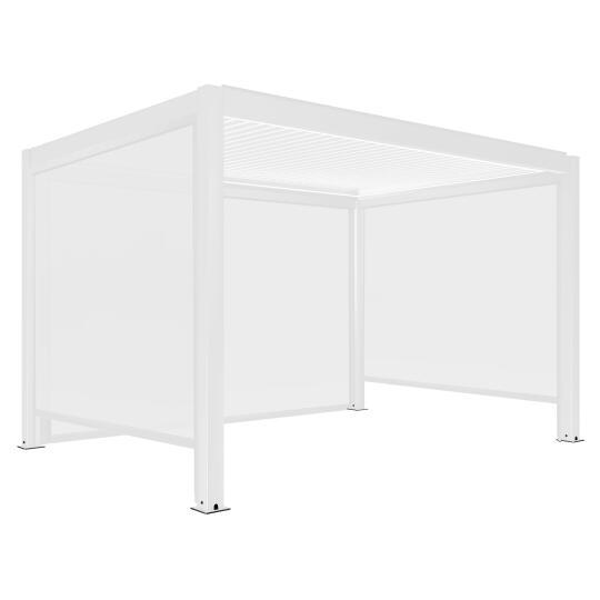 Pergola bioclimatique adossée 4x3m motorisée/éclairée en aluminium blanc avec 1, 2 ou 3 stores