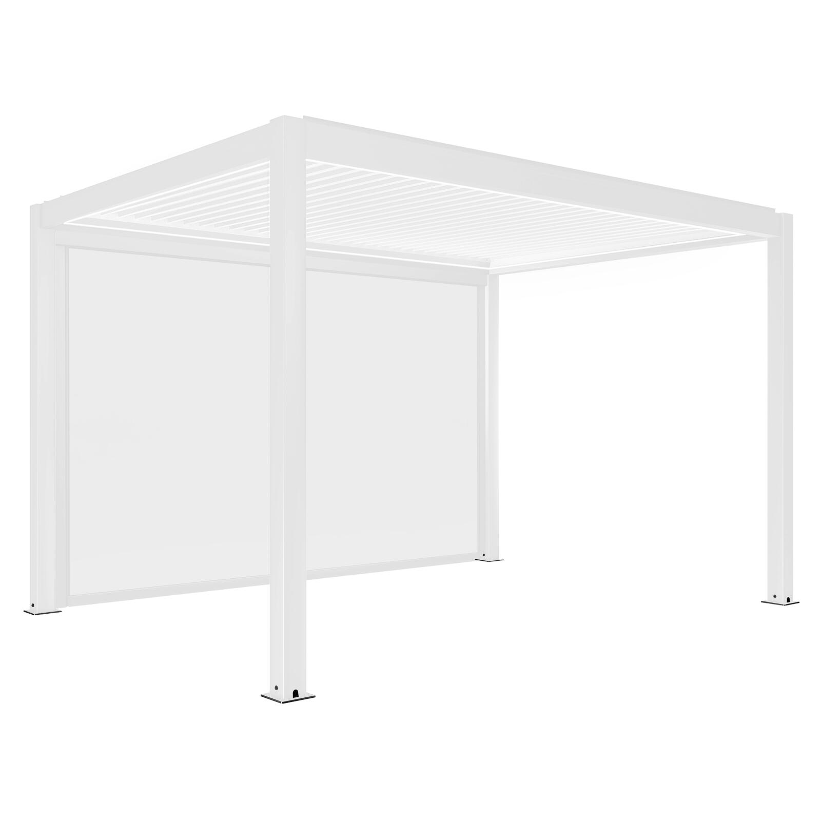 Pergola bioclimatique adossée 4x3m motorisée/éclairée en aluminium blanc avec 1, 2 ou 3 stores