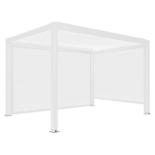 Pergola bioclimatique adossée 4x3m motorisée/éclairée en aluminium blanc avec 1, 2 ou 3 stores