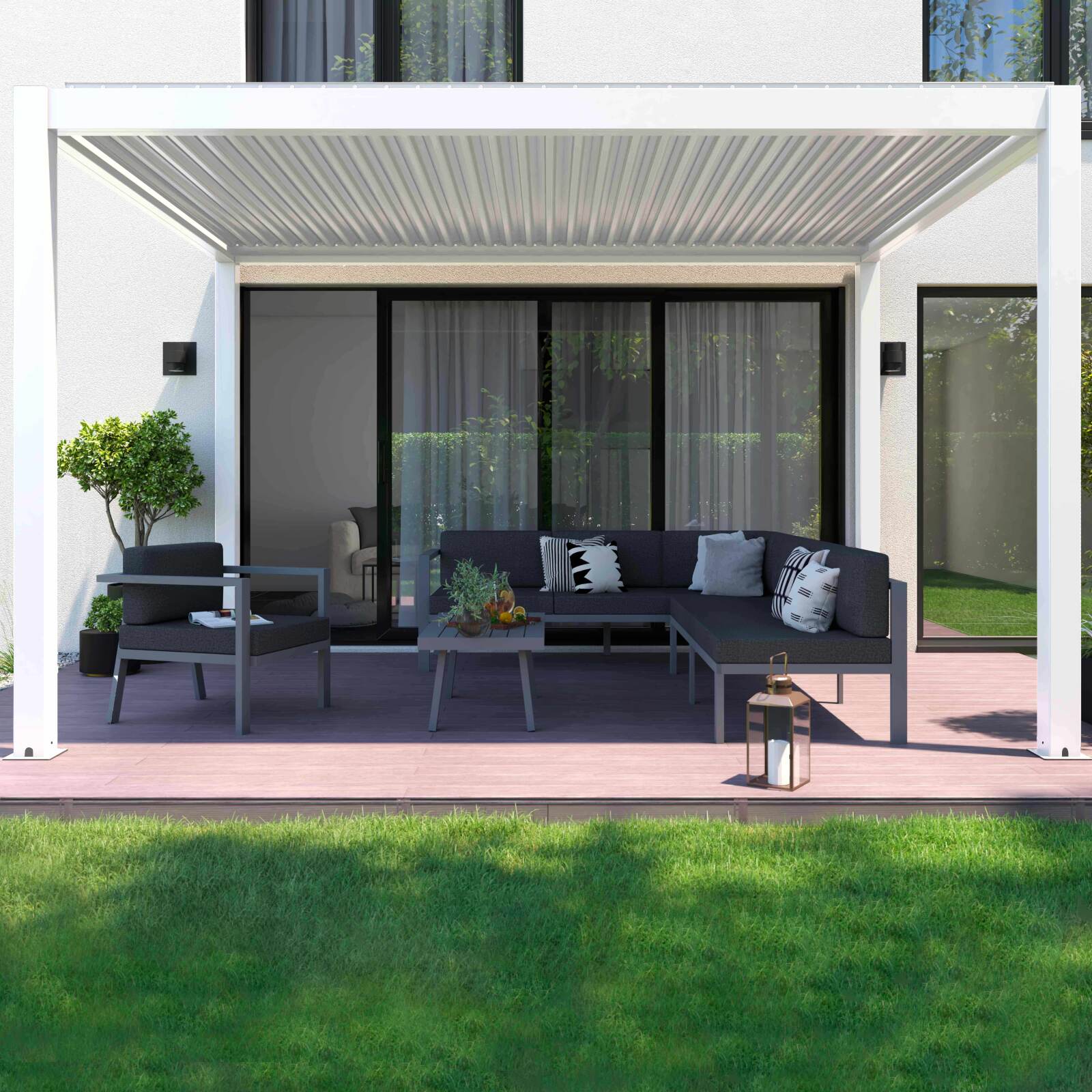 Pergola bioclimatique adossée 4x3m motorisée/éclairée en aluminium blanc avec 1, 2 ou 3 stores