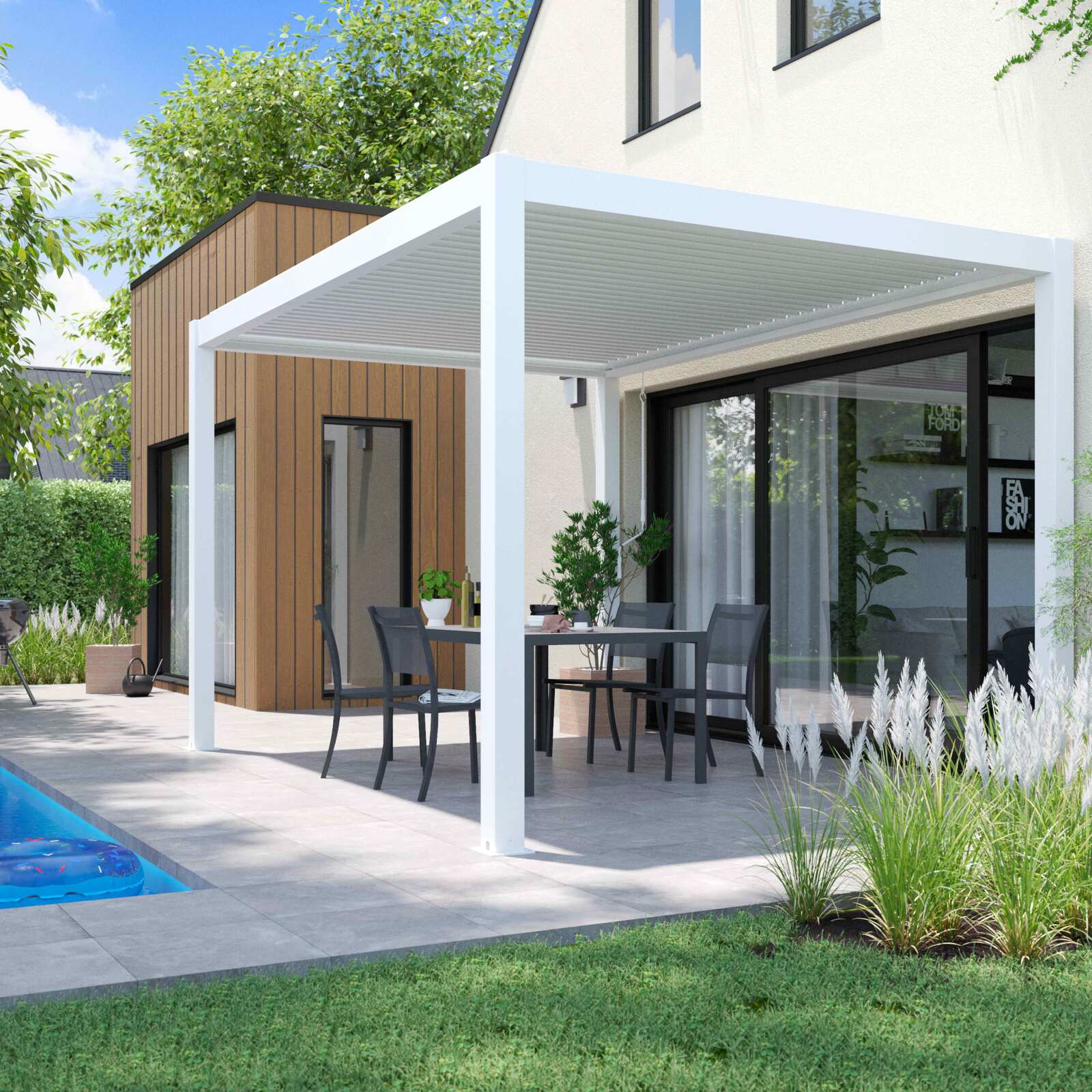 Pergola bioclimatique autoportée 4x3m en aluminium blanc avec 1, 2 ou 3 stores Pergola bioclimatique autoportée 4x3m en aluminium blanc avec 1, 2 ou 3 stores