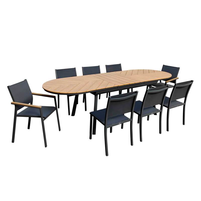 Table de jardin extensible rectangulaire en polywood 180/220 cm avec 6 chaises et 2 chaises avec accoudoirs