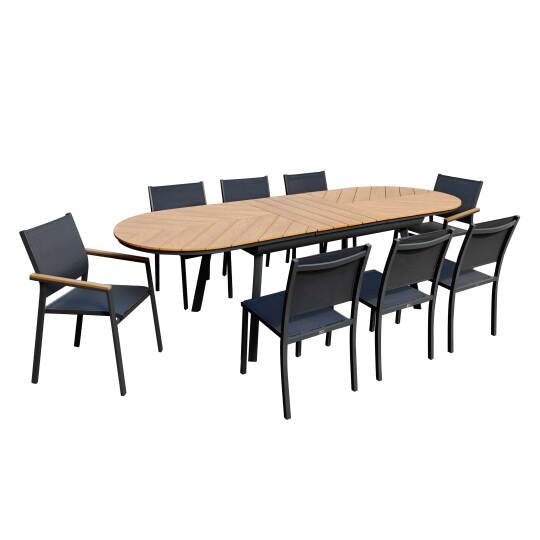 Table de jardin extensible rectangulaire en polywood 180/220 cm avec 6 chaises et 2 chaises avec accoudoirs