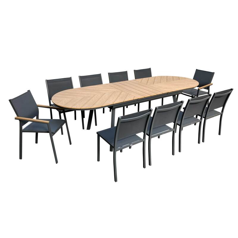 Table de jardin extensible rectangulaire en polywood 220/280 cm avec 8 chaises et 2 chaises avec accoudoirs