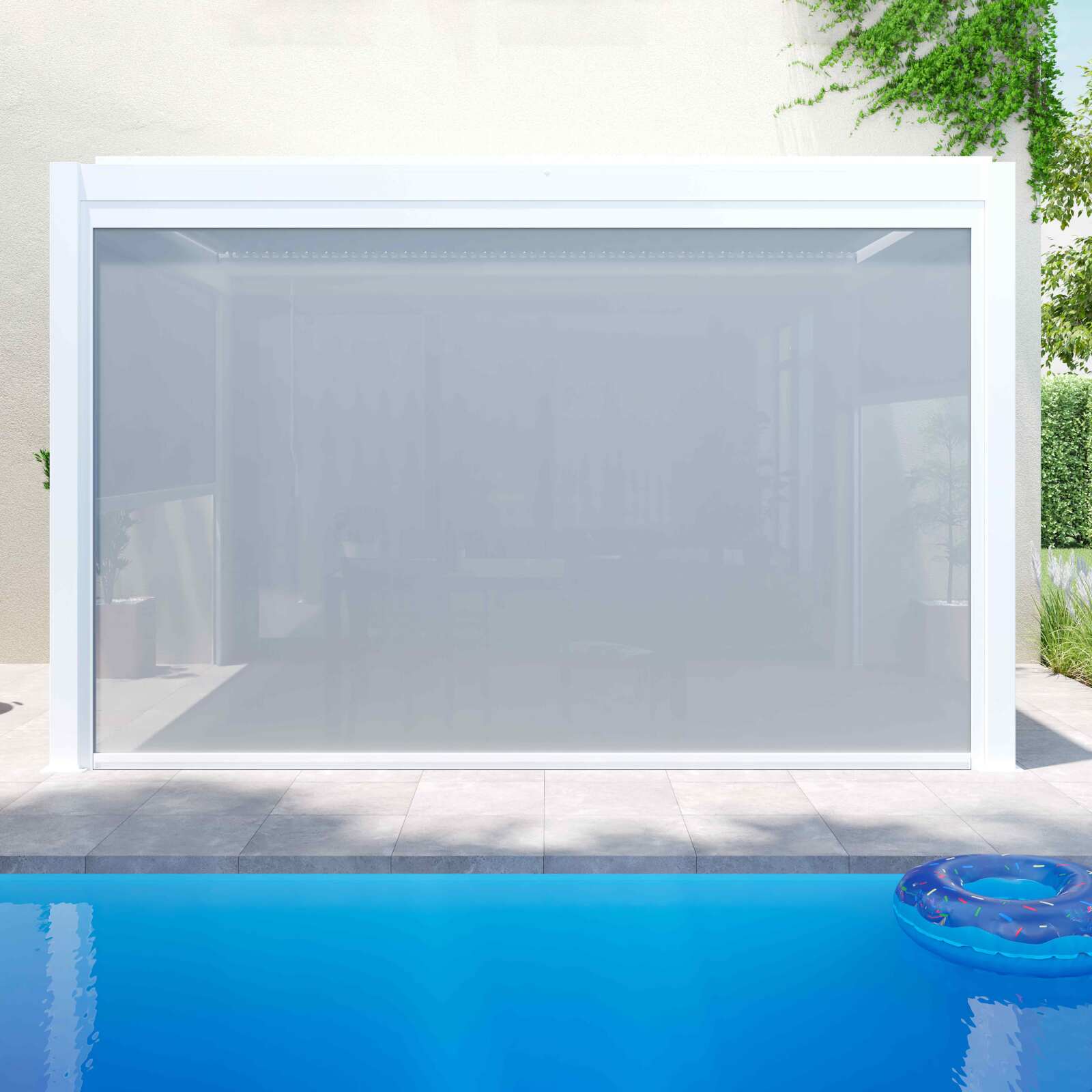 Pergola bioclimatique adossée 4x3m en aluminium blanc avec 1, 2 ou 3 stores