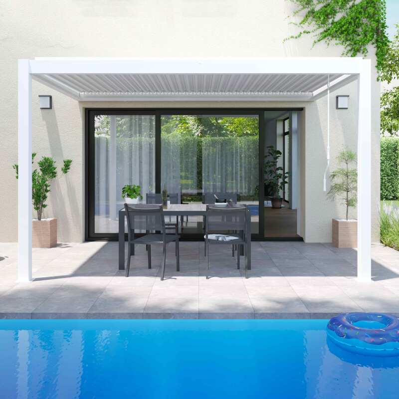 Pergola bioclimatique adossée 4x3m en aluminium blanc avec 1, 2 ou 3 stores