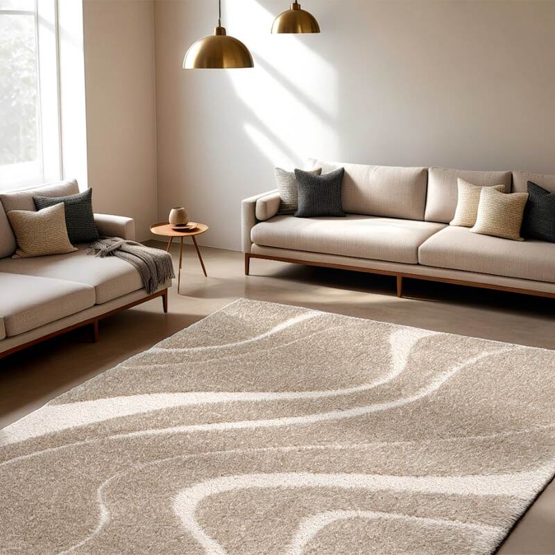 Tapis shaggy rectangulaire en polyester recyclé motif géométrique à poils longs