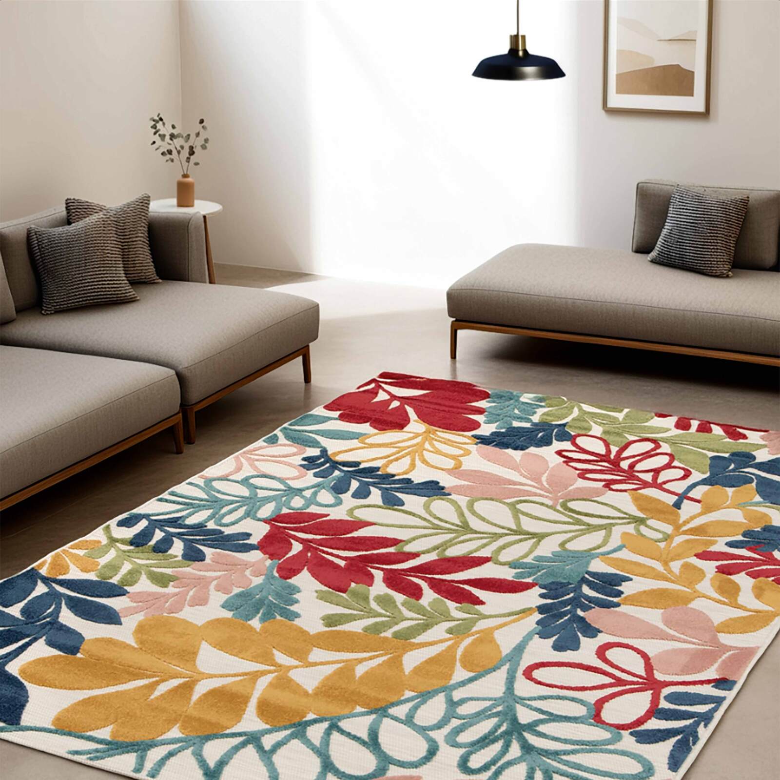 Tapis rectangulaire en polypropylène à motifs floral poils ras