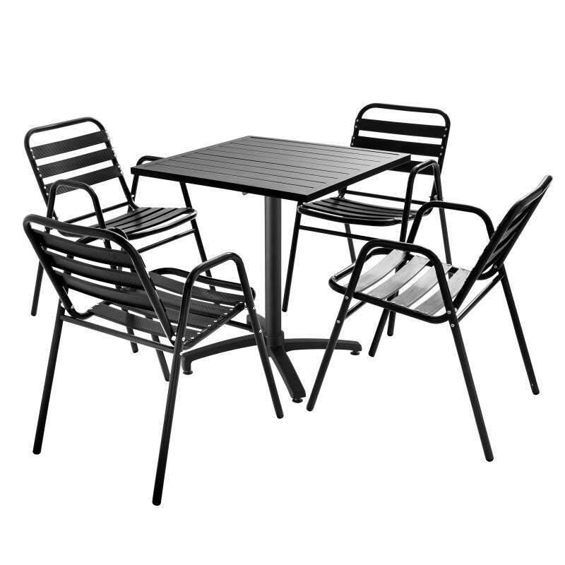 Table de jardin bistrot gris 70 x 70 cm et 4 chaises avec accoudoirs en aluminium