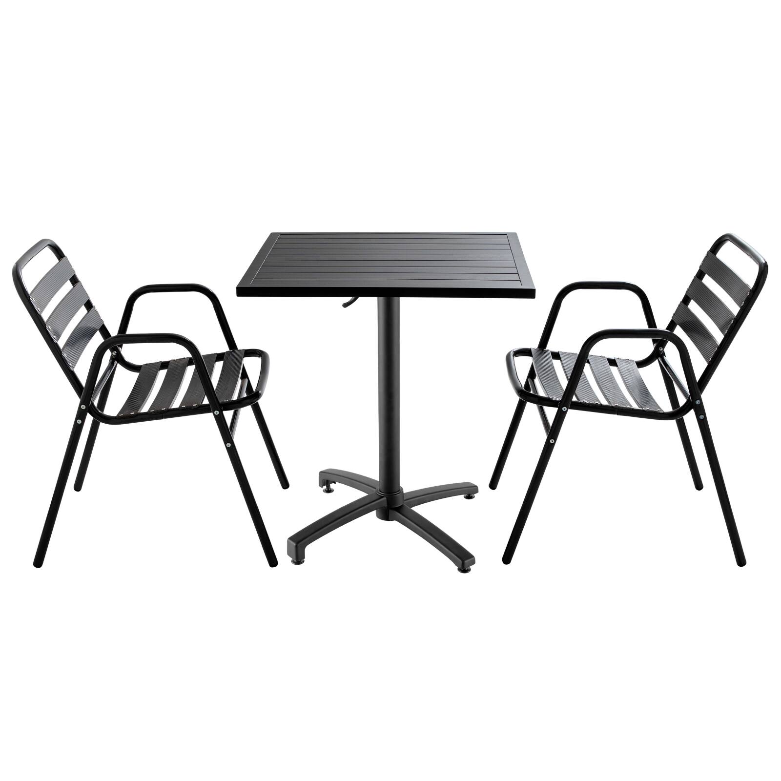 Table de jardin bistrot gris et 2 chaises avec accoudoirs en aluminium