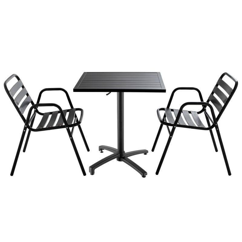 Table de jardin bistrot gris et 2 chaises avec accoudoirs en aluminium