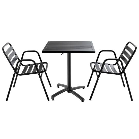 Table de jardin bistrot gris et 2 chaises avec accoudoirs en aluminium