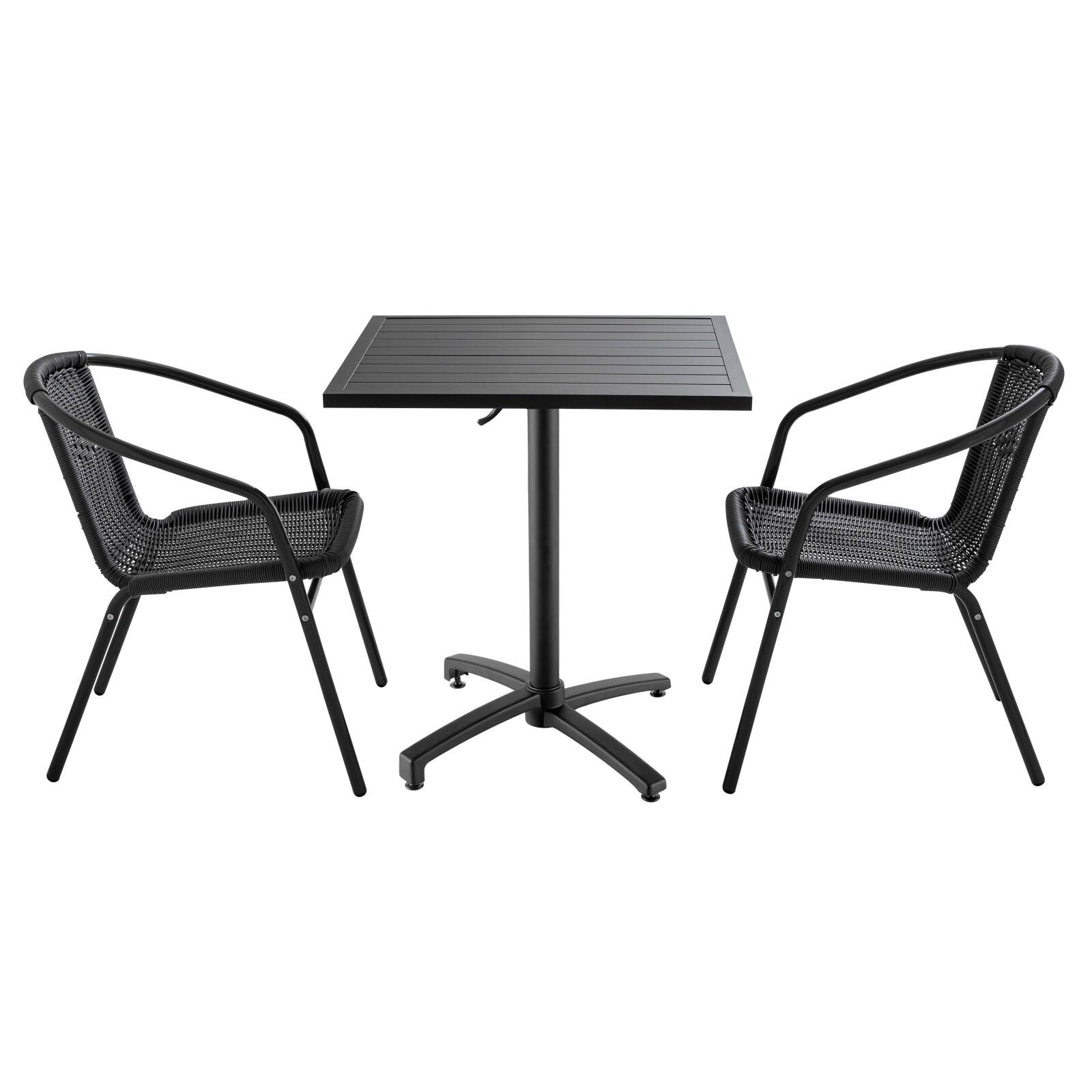 Table de jardin carrée 70 x 70 cm et 2 chaises avec accoudoirs en aluminium et résine tressée