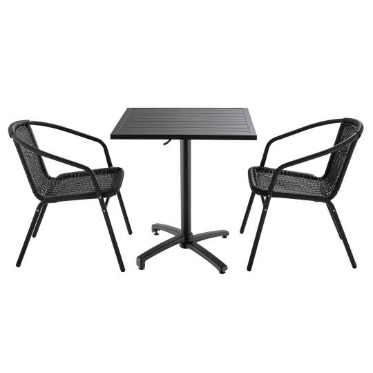 Table de jardin carrée 70 x 70 cm et 2 chaises avec accoudoirs en aluminium et résine tressée