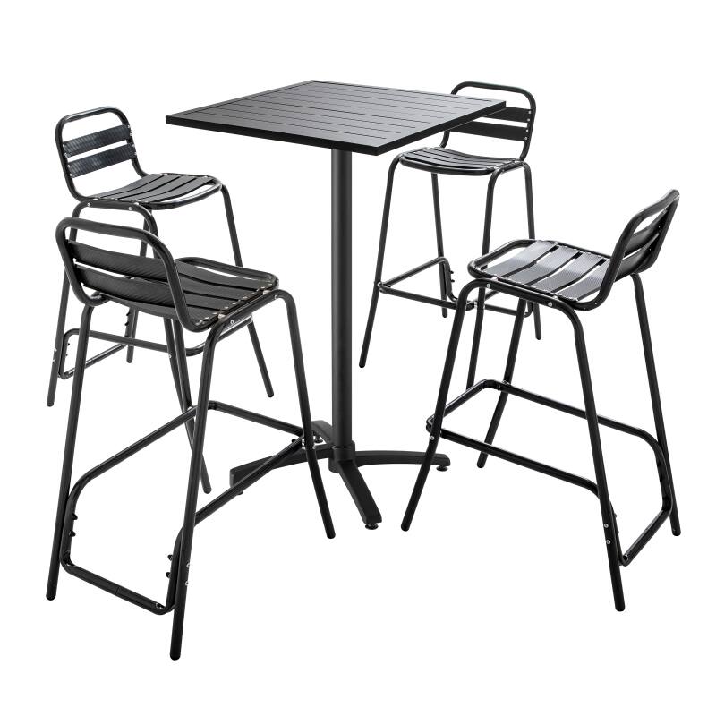 Table de jardin grise mange-debout 60 x 60 cm et 4 chaises hautes en aluminium