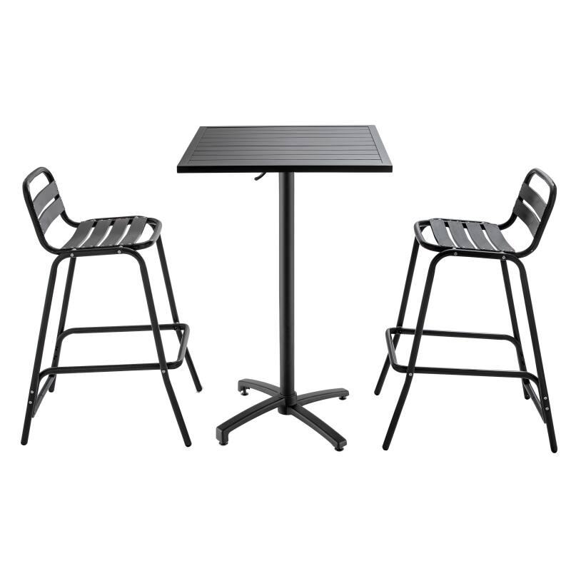 Table de jardin haute 60 x 60 cm grise et 2 chaises hautes en aluminium
