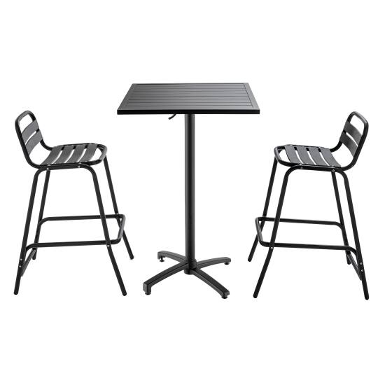 Table de jardin haute 60 x 60 cm grise et 2 chaises hautes en aluminium