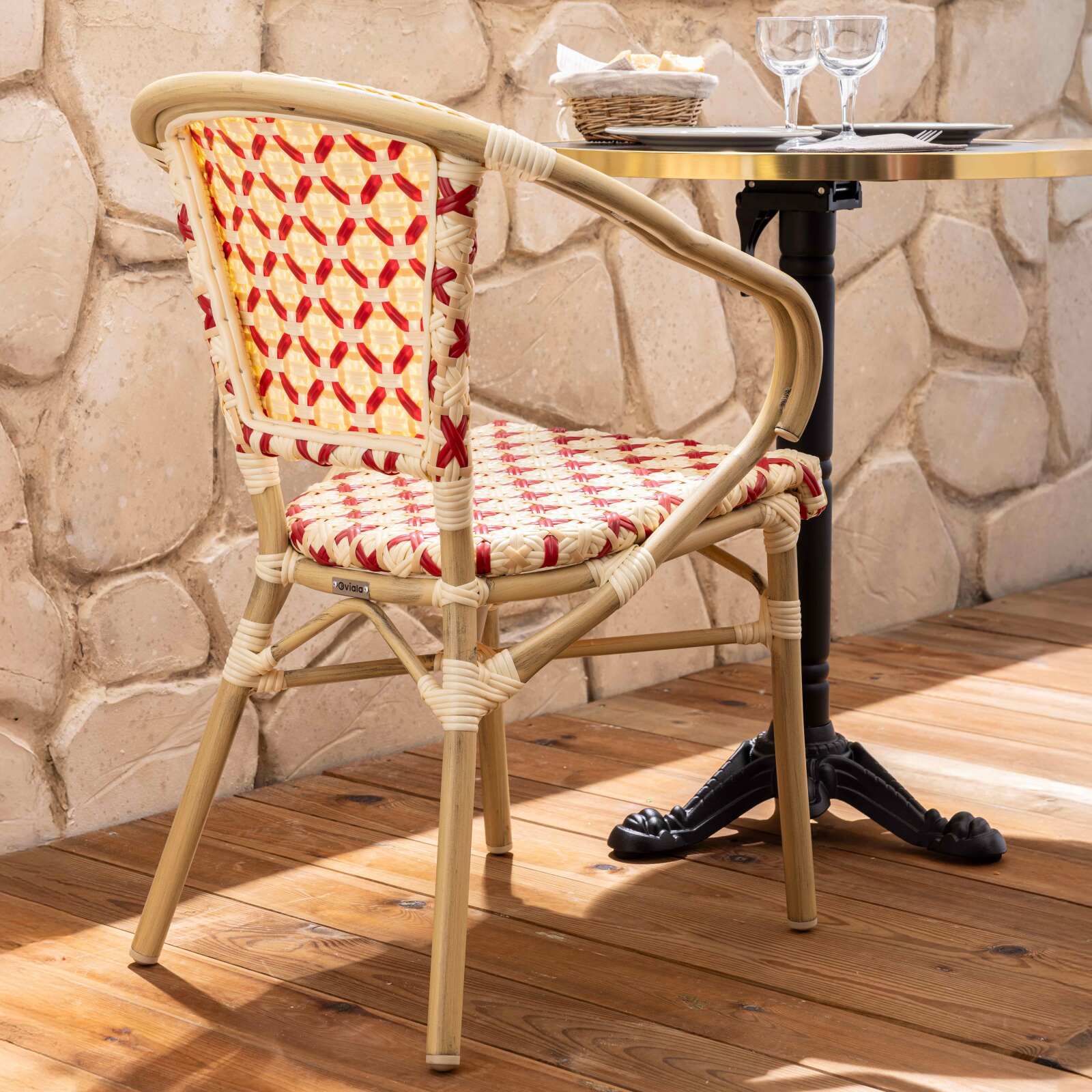 Chaise de jardin style bistrot parisien en aluminium et rotin synthétique avec accoudoirs