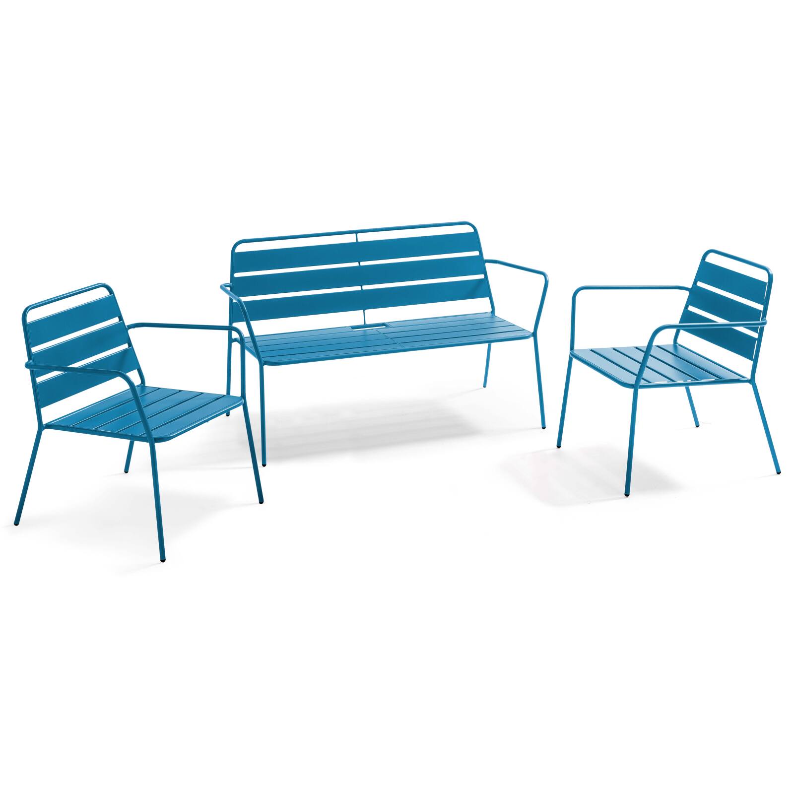 Salon de jardin en métal avec 2 fauteuils et 1 banc