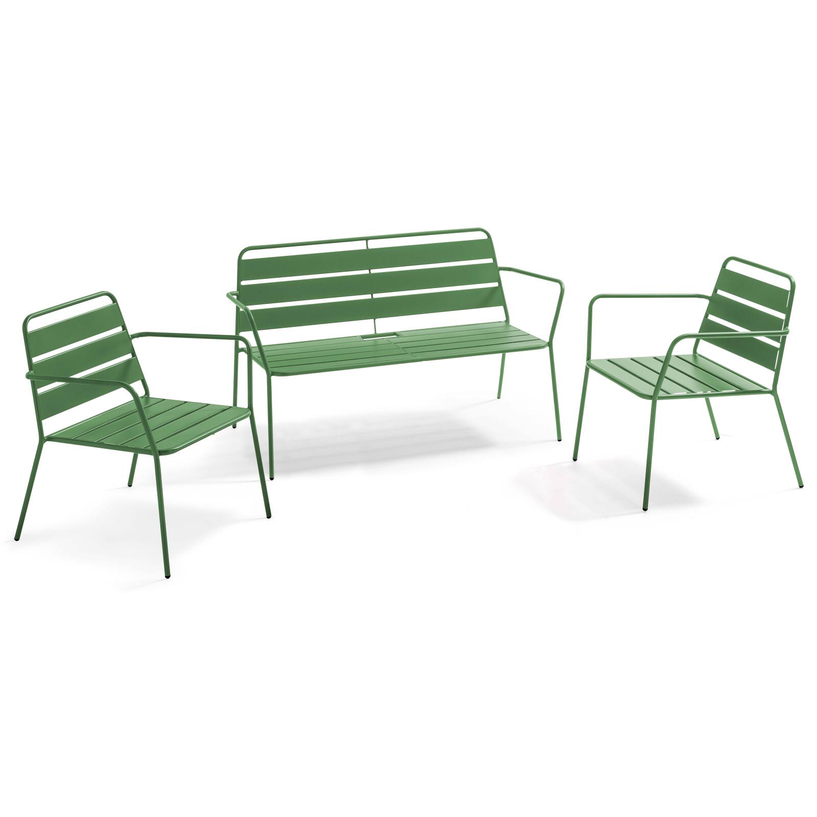 Salon de jardin en métal avec 2 fauteuils et 1 banc