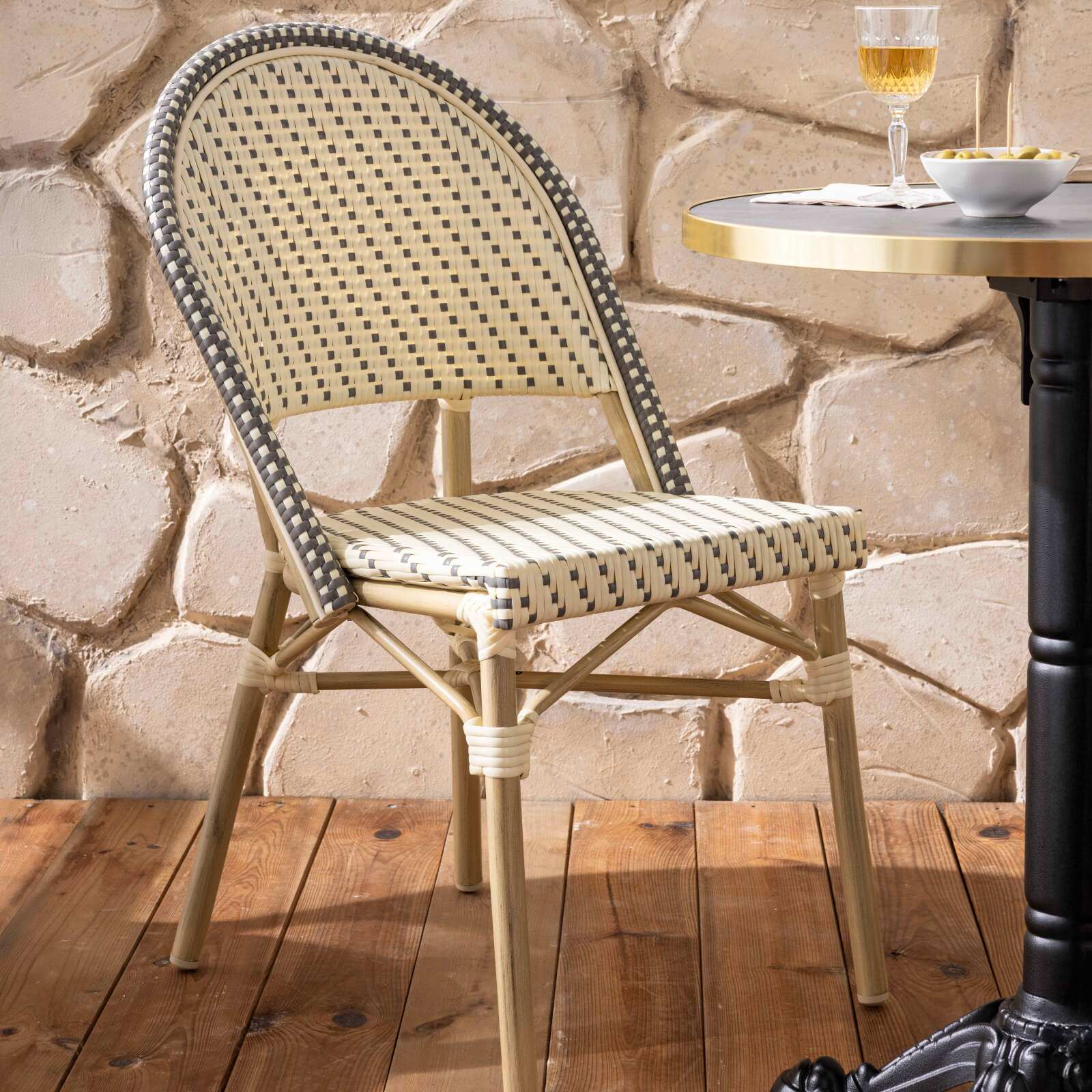 Chaise de jardin style bistrot parisien en aluminium et rotin synthétique